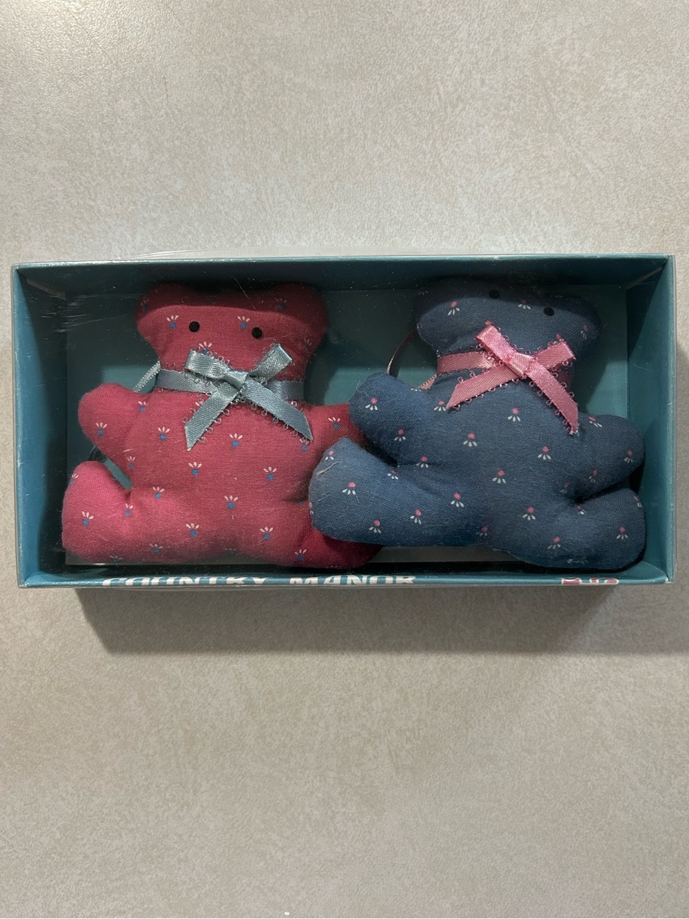 Vintage Country Manor Fabric Bear Ornaments 1988 mauve pink and dusty blue